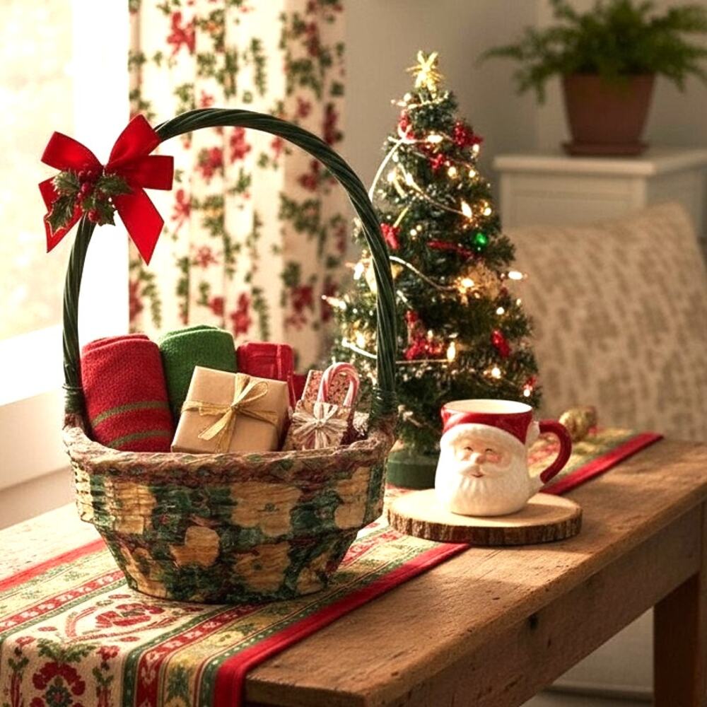 VTG Decoupage Christmas Basket Floral Cottagecore Decor Nostalgic Holiday 1980s